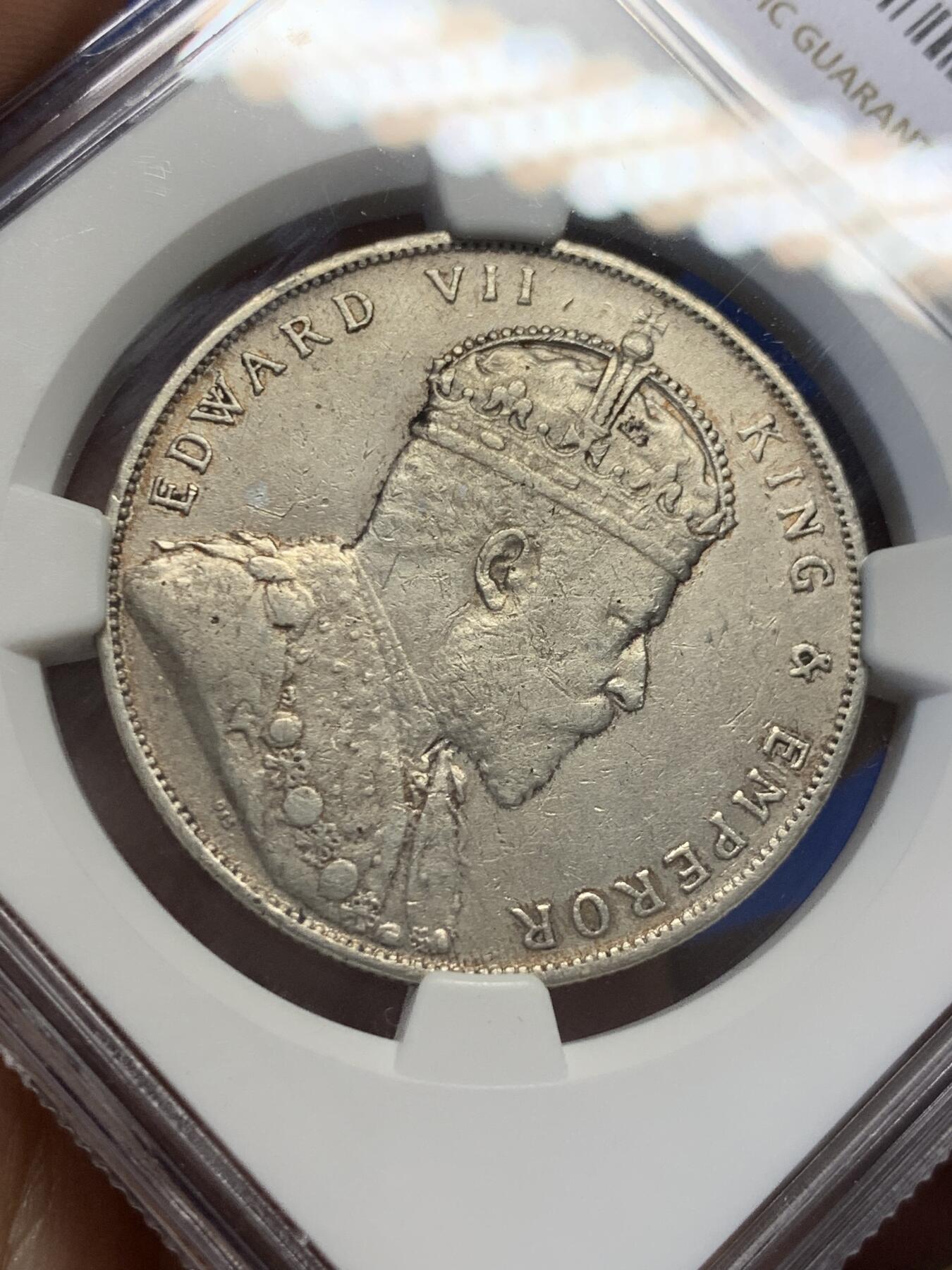《竞宝斋》第416场 周日，周一，2场连拍 （全场包邮） NGC XFD 1909年海峡1元银币 该版发行最少的年份