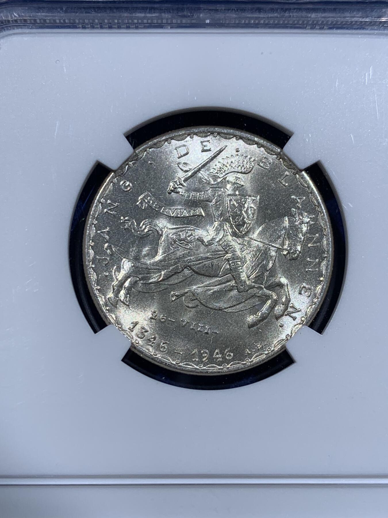 《竞宝斋》第416场 周日，周一，2场连拍 （全场包邮） 三枚一组 NGC MS64/65/64 卢森堡1946年 盲人约翰大公阵亡600周年纪念 20法郎、50法郎、100法郎 马剑银币 连号套币 币面干净 淡金色包浆 收藏一步到位