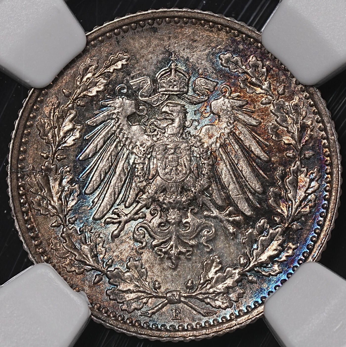 修遠堂世界钱币第八十三期 NGC评级 1915年德国1/2马克银币两枚 E厂铭，G厂铭 五彩包浆
