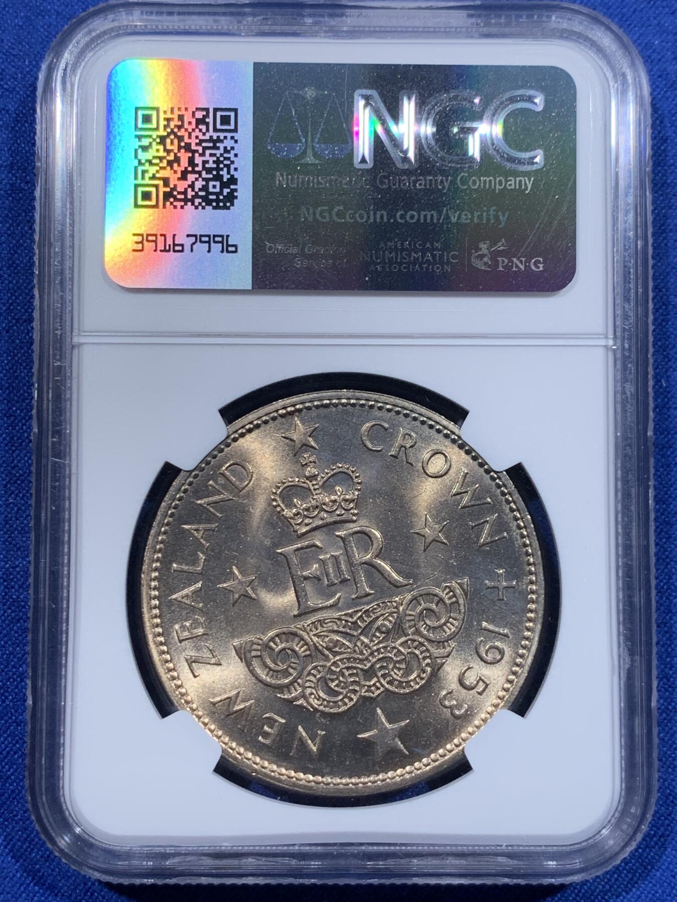 《竞宝斋》第416场 周日，周一，2场连拍 （全场包邮） NGC MS65 新西兰1953年1克朗，纪念伊丽莎白二世女王加冕纪念克朗