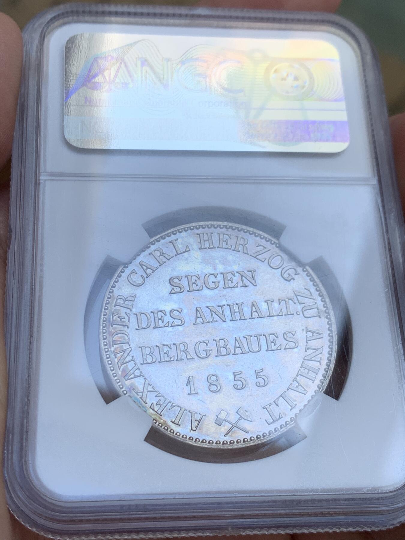 《竞宝斋》第416场 周日，周一，2场连拍 （全场包邮） NGC UNC 1855年德意志 安哈特贝恩堡 小熊爬墙 熊毛细节满满 五彩包浆