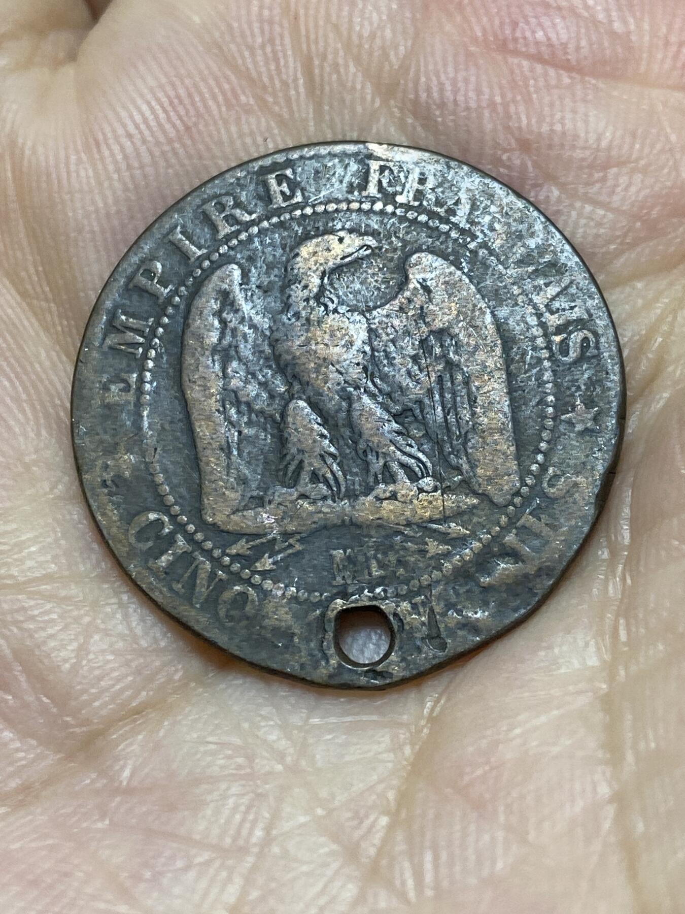 2025年第八十七场(总第一百一十三场）外国好品散币(免佣金) 打孔–法兰西第二帝国1856年5生丁(拿破仑三世前期，MA标，马赛造)