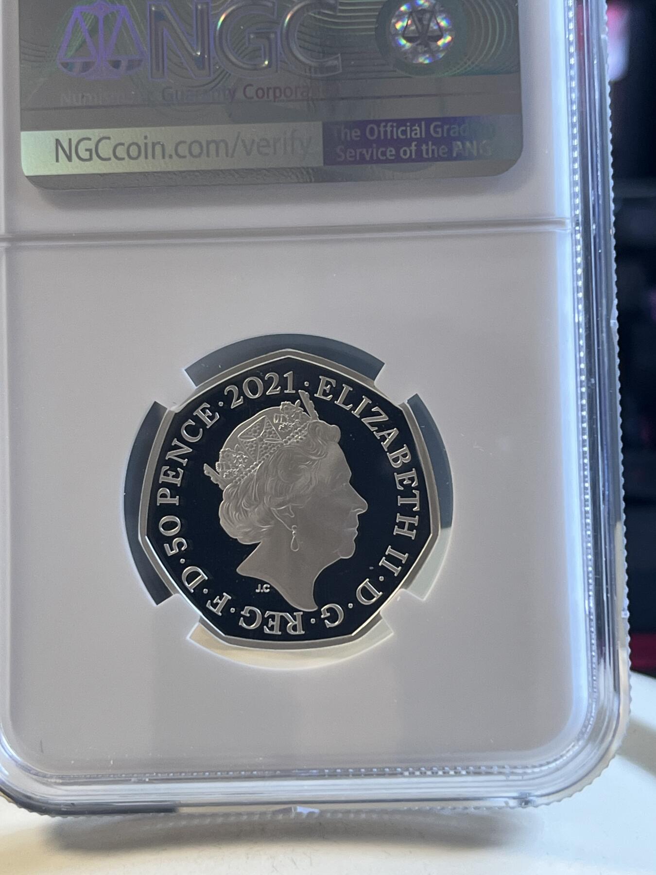 第173期拍卖【长期征集拍品】 英国2021年发行雪人50便士彩色纪念银币NGC-PF70首原盒证书，925银，8克，发行7000枚