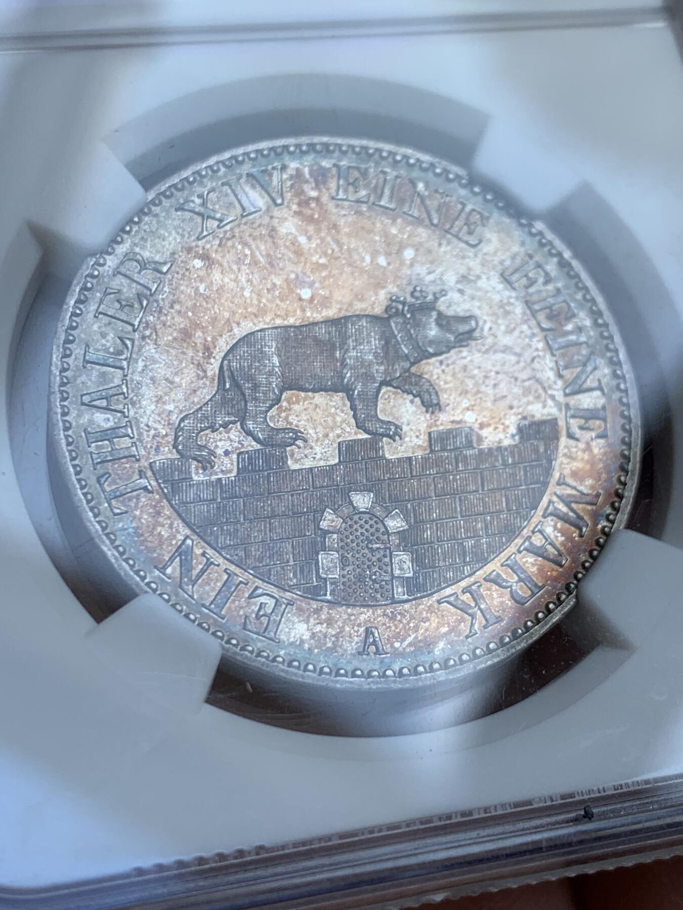 《竞宝斋》第416场 周日，周一，2场连拍 （全场包邮） NGC UNC 1855年德意志 安哈特贝恩堡 小熊爬墙 熊毛细节满满 五彩包浆