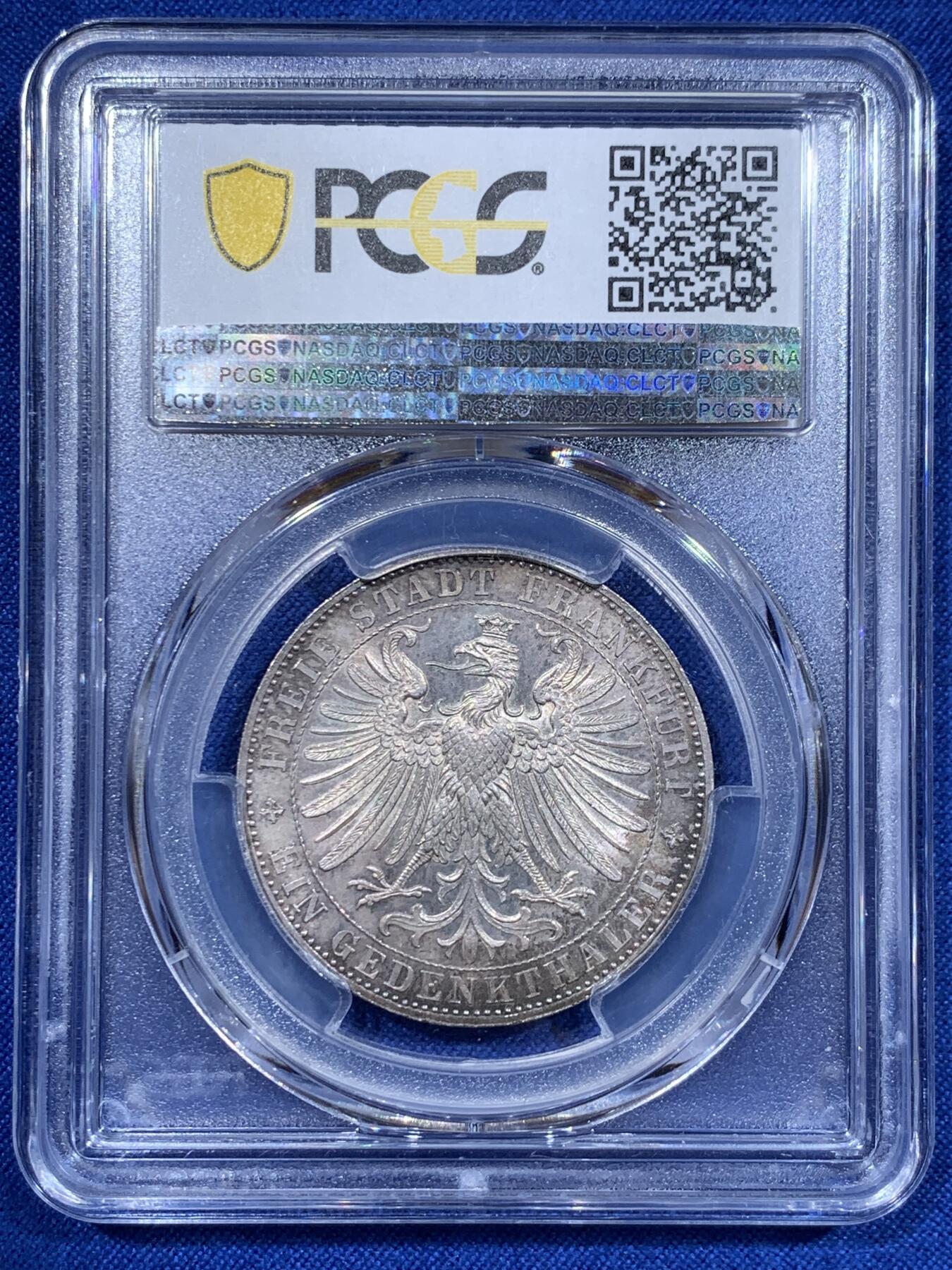 《竞宝斋》第416场 周日，周一，2场连拍 （全场包邮） PCGS MS66 德国1863年法兰克福王子议会泰勒银币，经典的法兰克福市政厅 原味包浆  状态实至名归