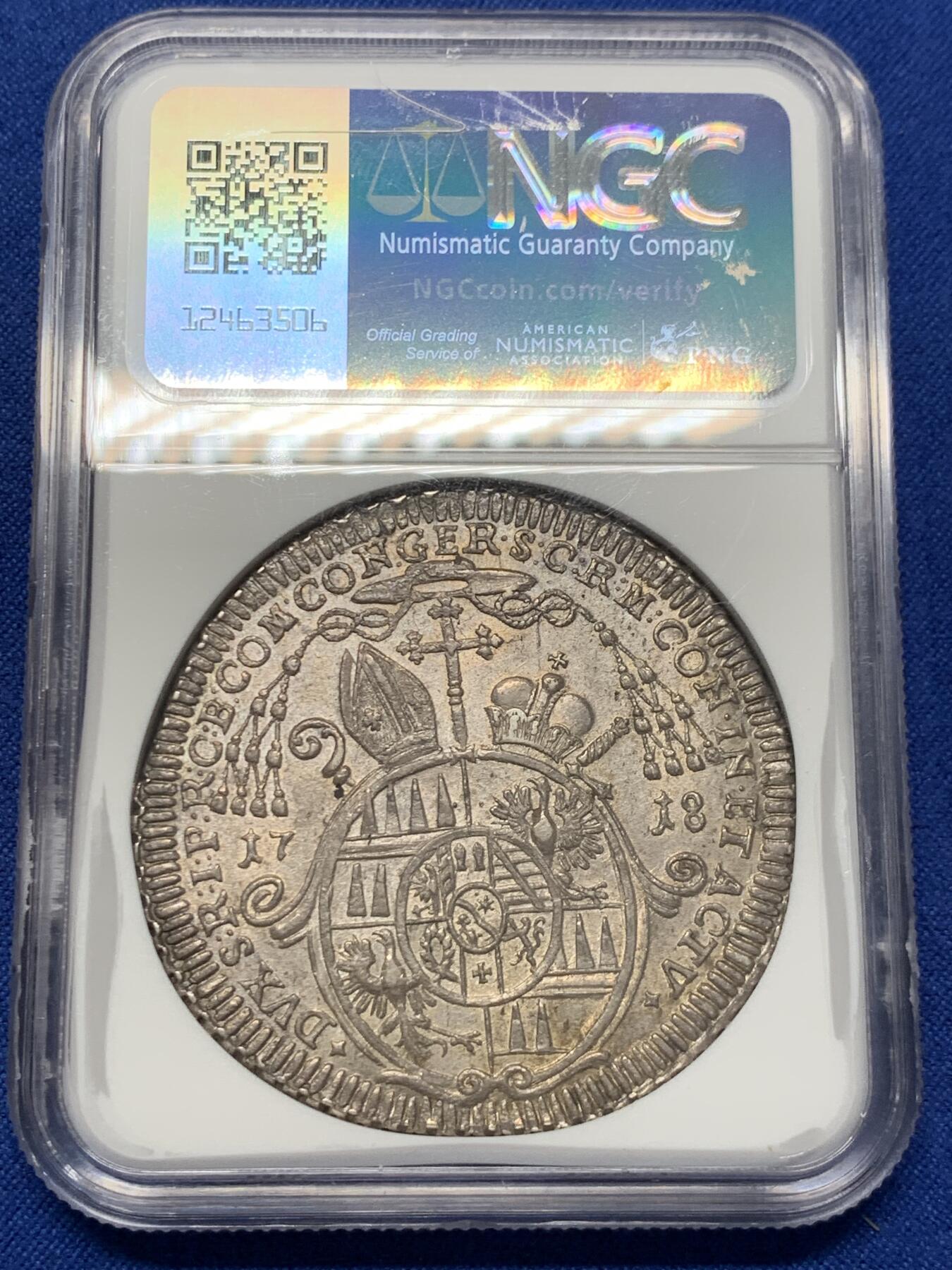 《竞宝斋》第416场 周日，周一，2场连拍 （全场包邮） 唯一冠军分 NGC MS63 神圣罗马帝国 1718波西米亚王国 奥洛穆茨主教区 泰勒流通大银币 首年