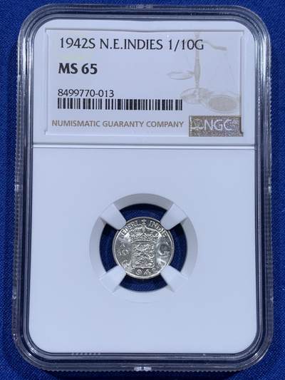 《竞宝斋》第416场 周日，周一，2场连拍 （全场包邮） - NGC MS65 荷属东印度群岛（今印尼）1942年1/10盾银币 卷拆美品