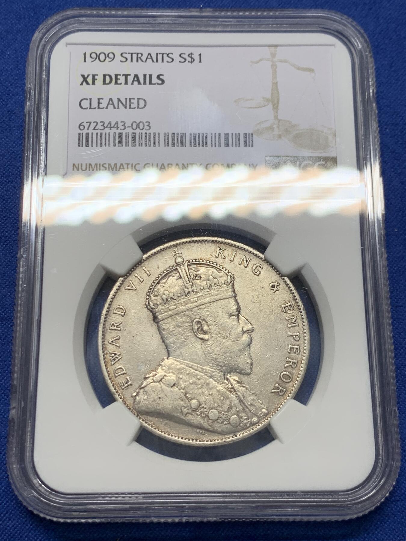 《竞宝斋》第416场 周日，周一，2场连拍 （全场包邮） NGC XFD 1909年海峡1元银币 该版发行最少的年份