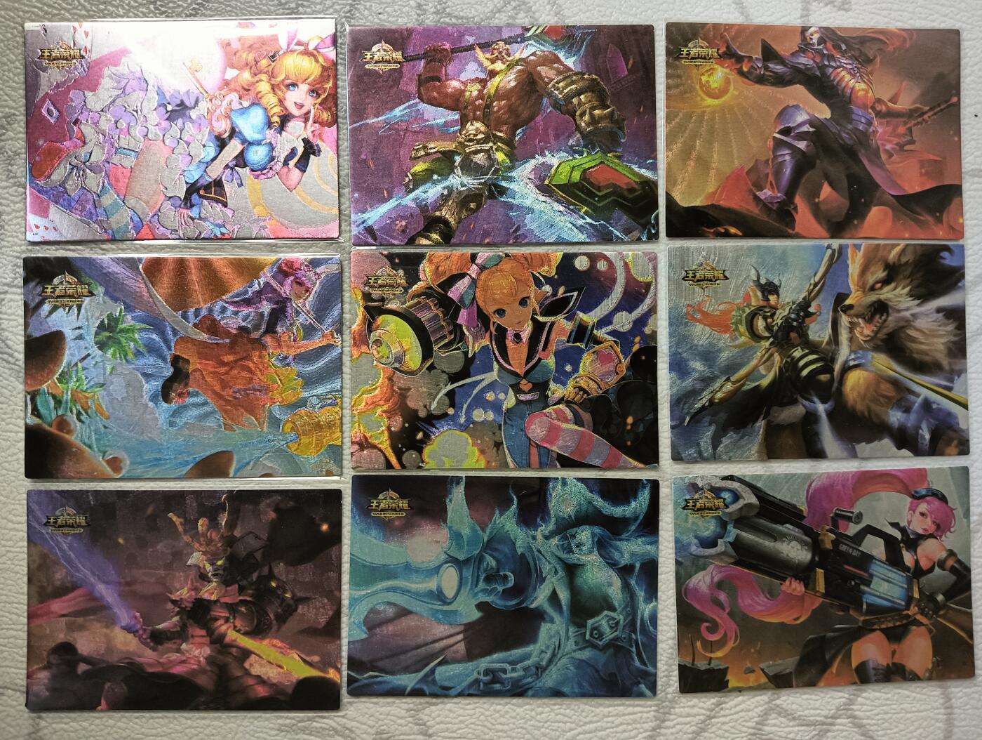 花开卡拍第37期（9月7号周日截拍，品控勿拍!!!拍品不寄存，运费5元，自制卡难免瑕疵，可能存在轻微撞角爆边等出厂瑕疵，品控介意勿拍！） 王者荣耀卡牌 横版第八弹 一套9张 粗闪