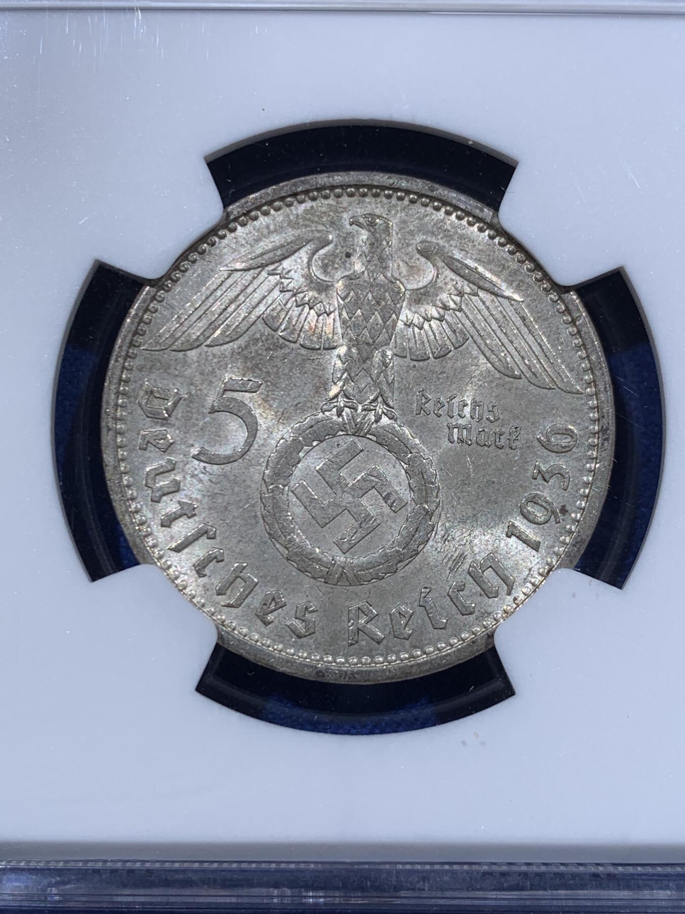 《竞宝斋》第416场 周日，周一，2场连拍 （全场包邮） NGC MS61 德国1936年A版兴登堡5马克银币 年份不错 MS不多见了