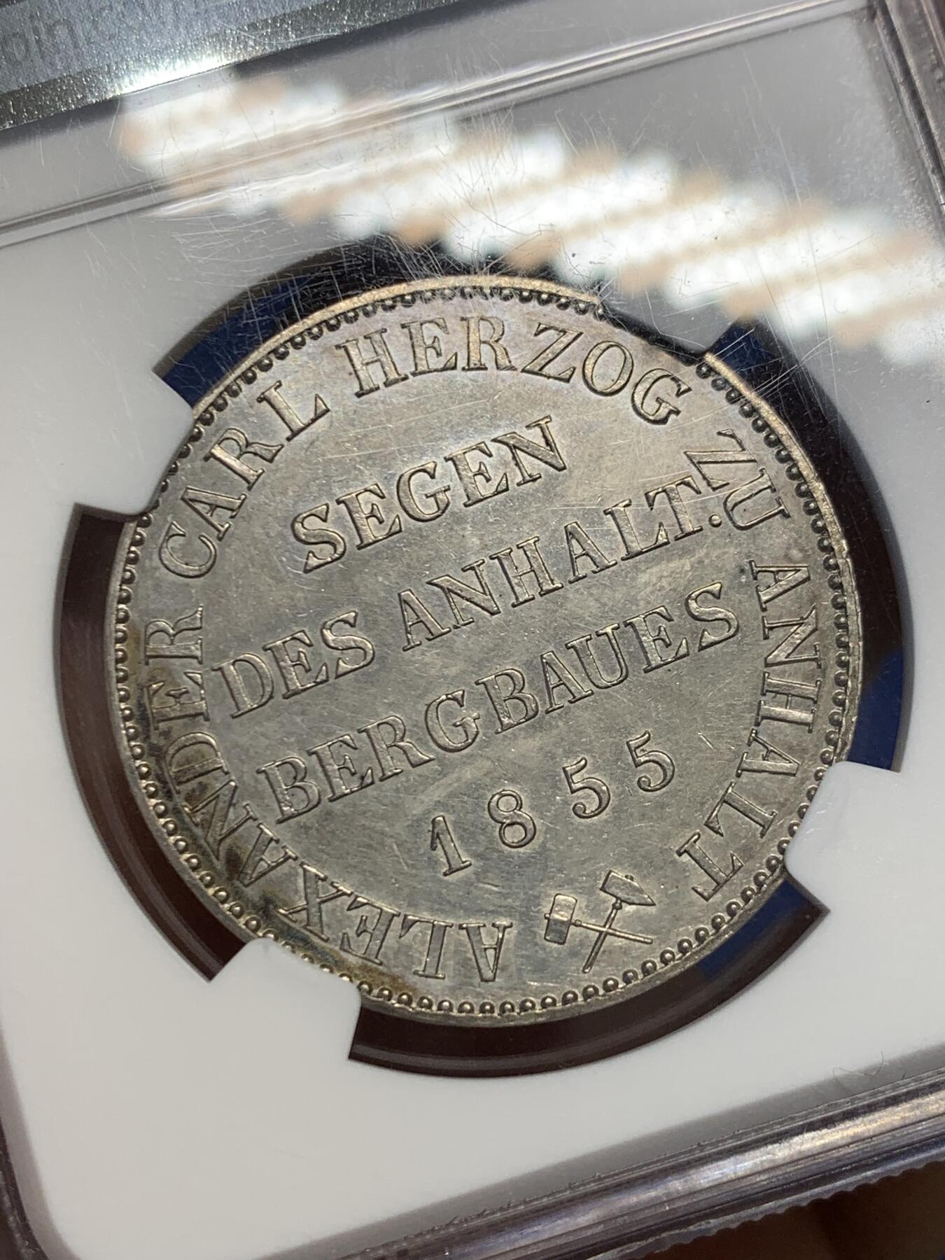 《竞宝斋》第416场 周日，周一，2场连拍 （全场包邮） NGC UNC 1855年德意志 安哈特贝恩堡 小熊爬墙 熊毛细节满满 五彩包浆