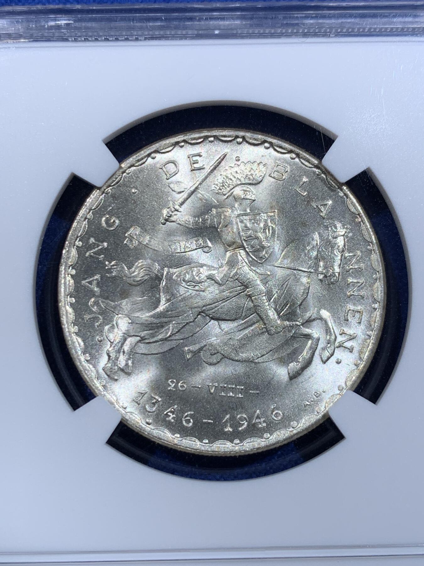 《竞宝斋》第416场 周日，周一，2场连拍 （全场包邮） 三枚一组 NGC MS64/65/64 卢森堡1946年 盲人约翰大公阵亡600周年纪念 20法郎、50法郎、100法郎 马剑银币 连号套币 币面干净 淡金色包浆 收藏一步到位