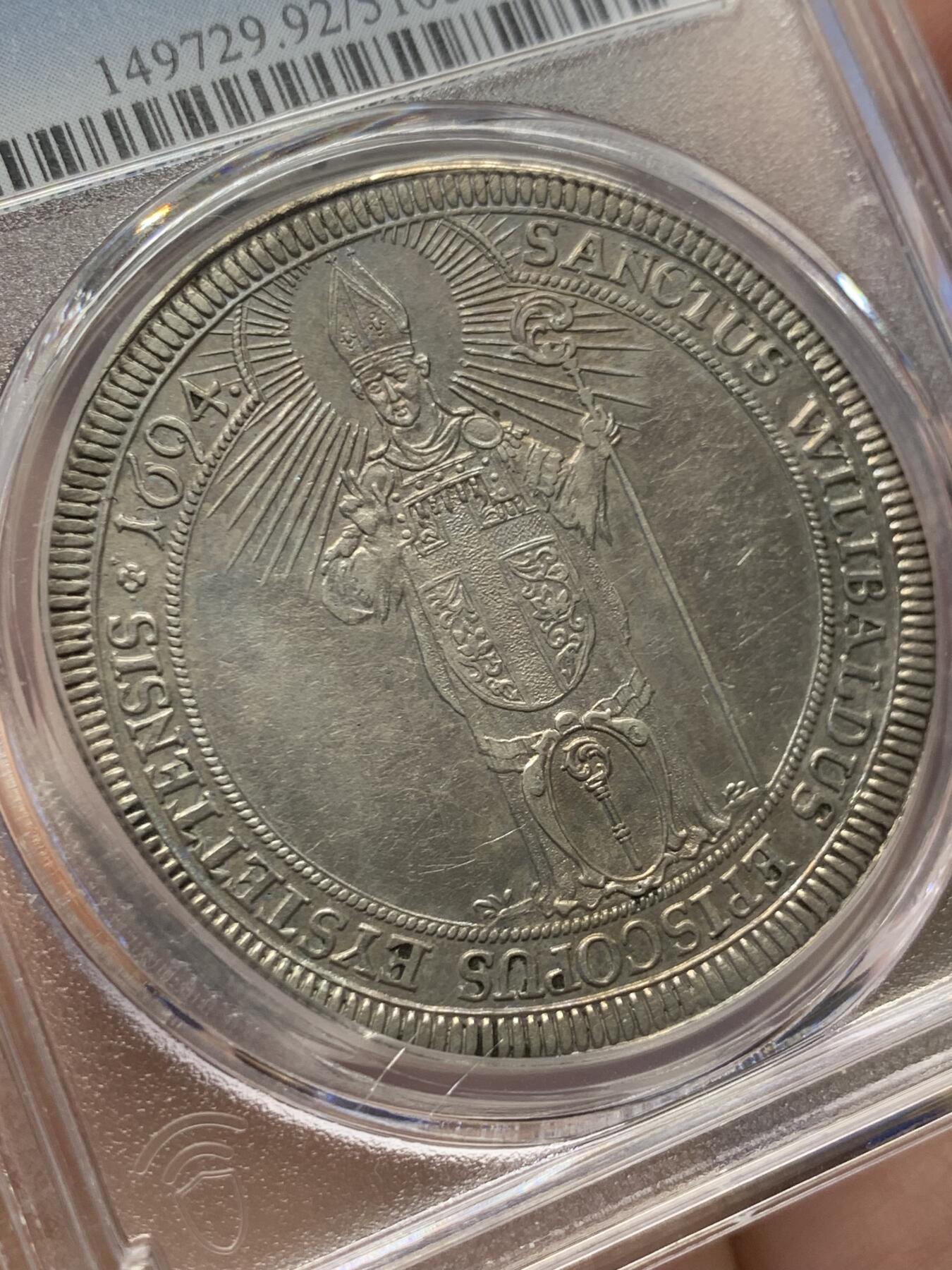 《竞宝斋》第416场 周日，周一，2场连拍 （全场包邮） PCGS AU 德国 1694 艾希施泰特主教区 流通泰勒大银币 发行量仅24264 首拍品种 打制的不错 不可错过