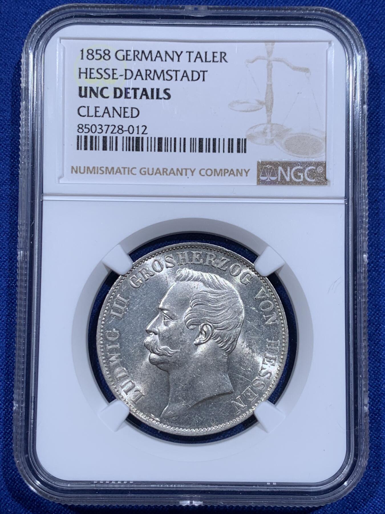 《竞宝斋》第416场 周日，周一，2场连拍 （全场包邮） NGC UNC 德国 1858 黑森·达姆施塔特双狮盾徽1泰勒 小邦中的难点之一 双狮高点异常出彩 感觉可以养养再试试