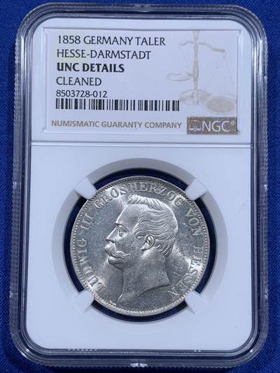 《竞宝斋》第416场 周日，周一，2场连拍 （全场包邮） - NGC UNC 德国 1858 黑森·达姆施塔特双狮盾徽1泰勒 小邦中的难点之一 双狮高点异常出彩 感觉可以养养再试试