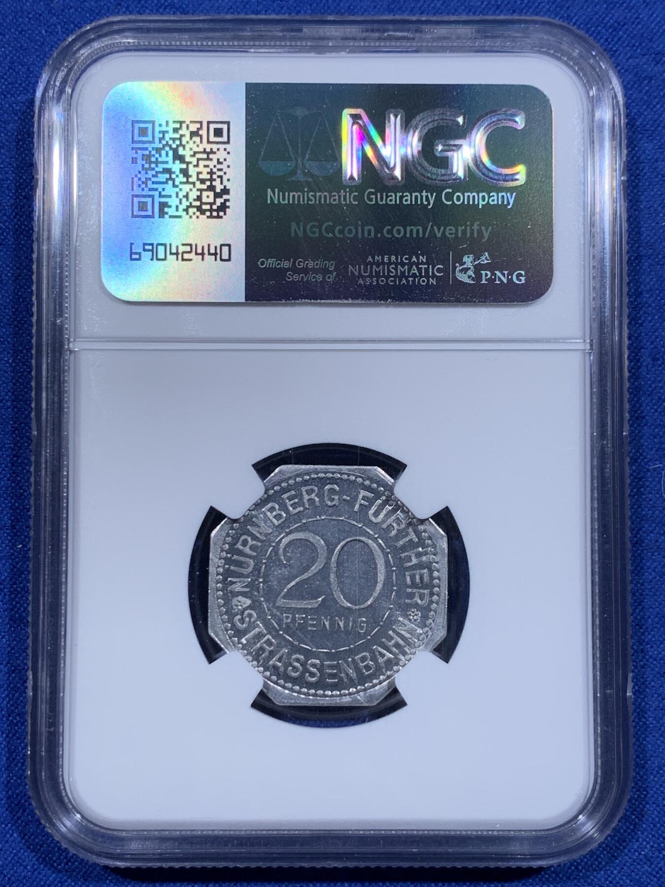 《竞宝斋》第416场 周日，周一，2场连拍 （全场包邮） NGC MS66 德国1920年紧急状态时期纽伦堡20芬尼 人物系列八角代币 好久没见到了