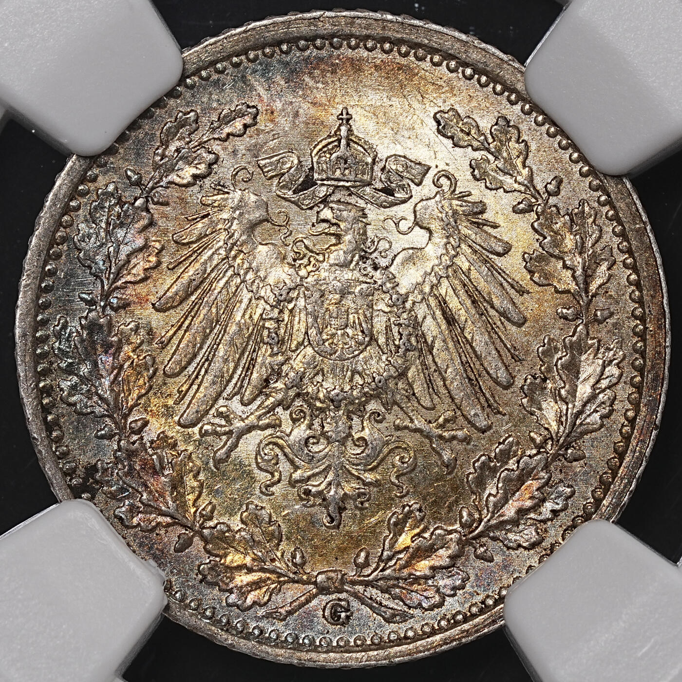 修遠堂世界钱币第八十三期 NGC评级 1915年德国1/2马克银币两枚 E厂铭，G厂铭 五彩包浆