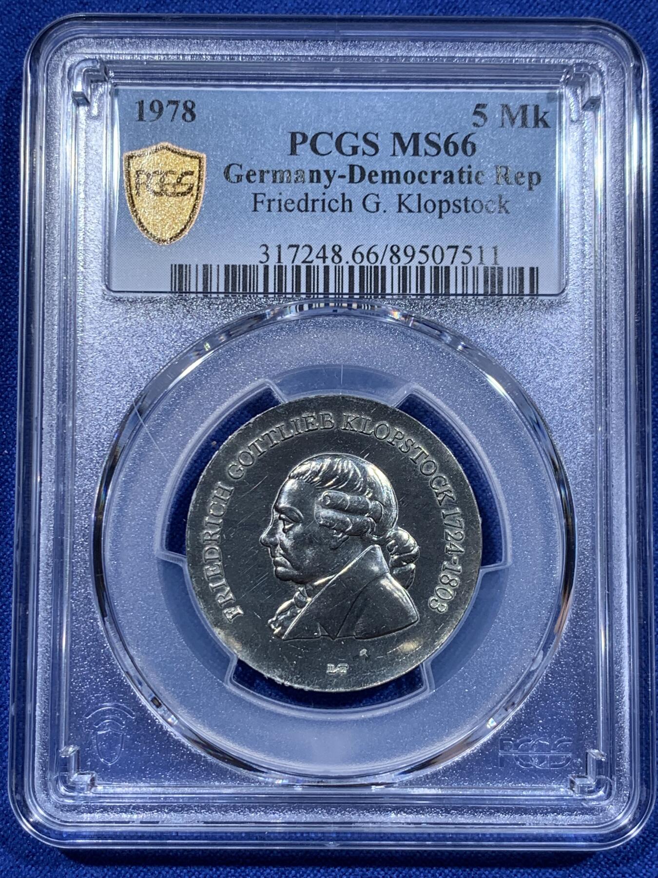 《竞宝斋》第416场 周日，周一，2场连拍 （全场包邮） PCGS MS66 东德1978年克洛普施托克逝世125周年5马克纪念币