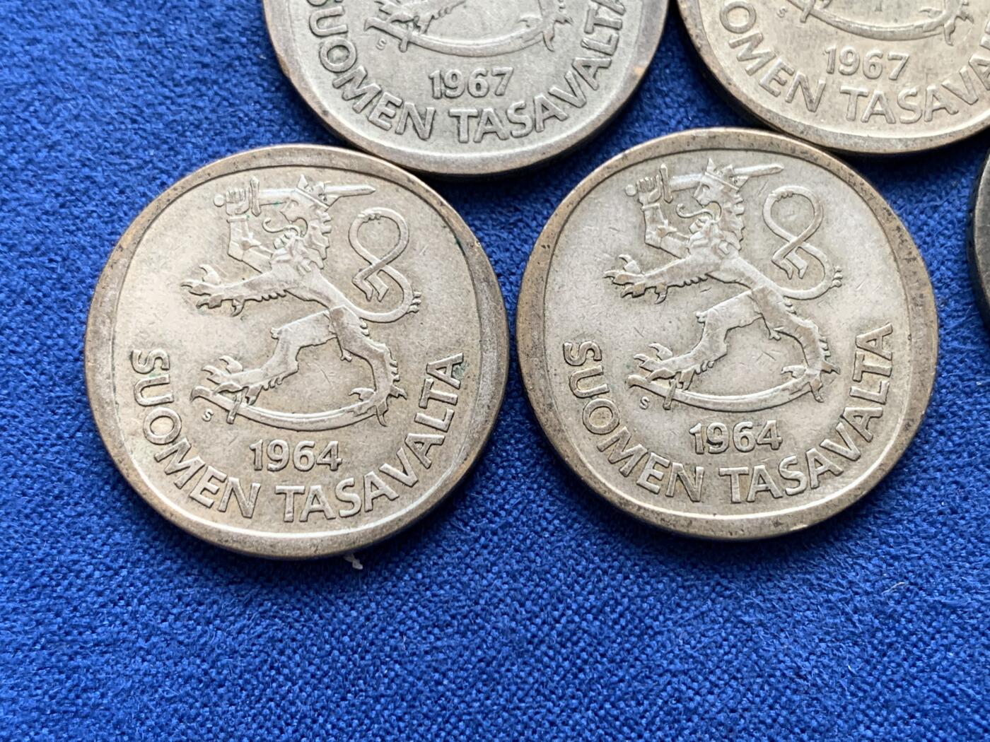 《竞宝斋》第416场 周日，周一，2场连拍 （全场包邮） 五枚一组 芬兰1964--1967年1马克银币