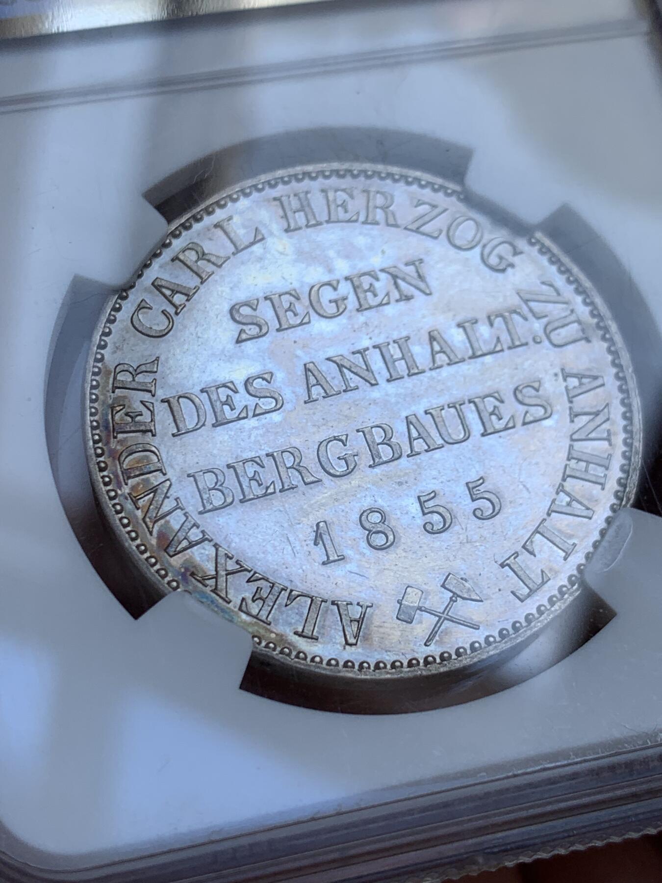 《竞宝斋》第416场 周日，周一，2场连拍 （全场包邮） NGC UNC 1855年德意志 安哈特贝恩堡 小熊爬墙 熊毛细节满满 五彩包浆