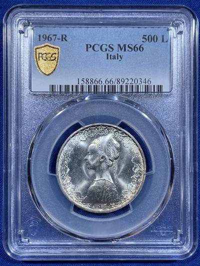 《竞宝斋》第416场 周日，周一，2场连拍 （全场包邮） - PCGS MS66 意大利 1967年 帆船少女 500里拉 银币