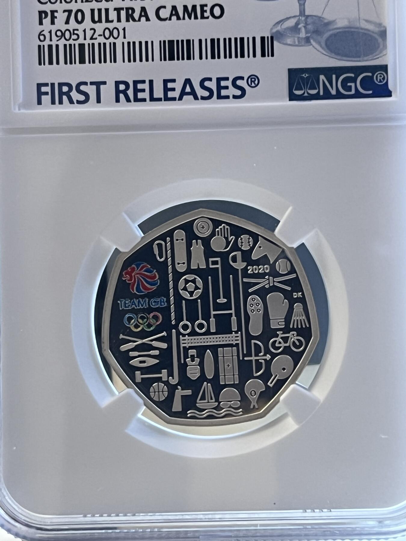 第173期拍卖【长期征集拍品】 英国2021年发行东京奥运英国代表队加彩50便士纪念银币NGC-PF70首原盒证书925银，8克，发行1500枚