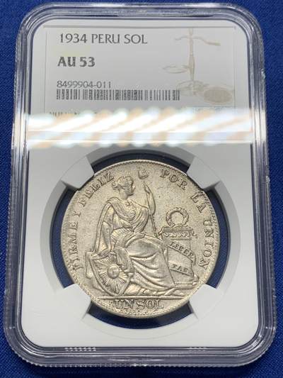 《竞宝斋》第416场 周日，周一，2场连拍 （全场包邮） - NGC AU53 秘鲁1934年一索尔银币 老包浆