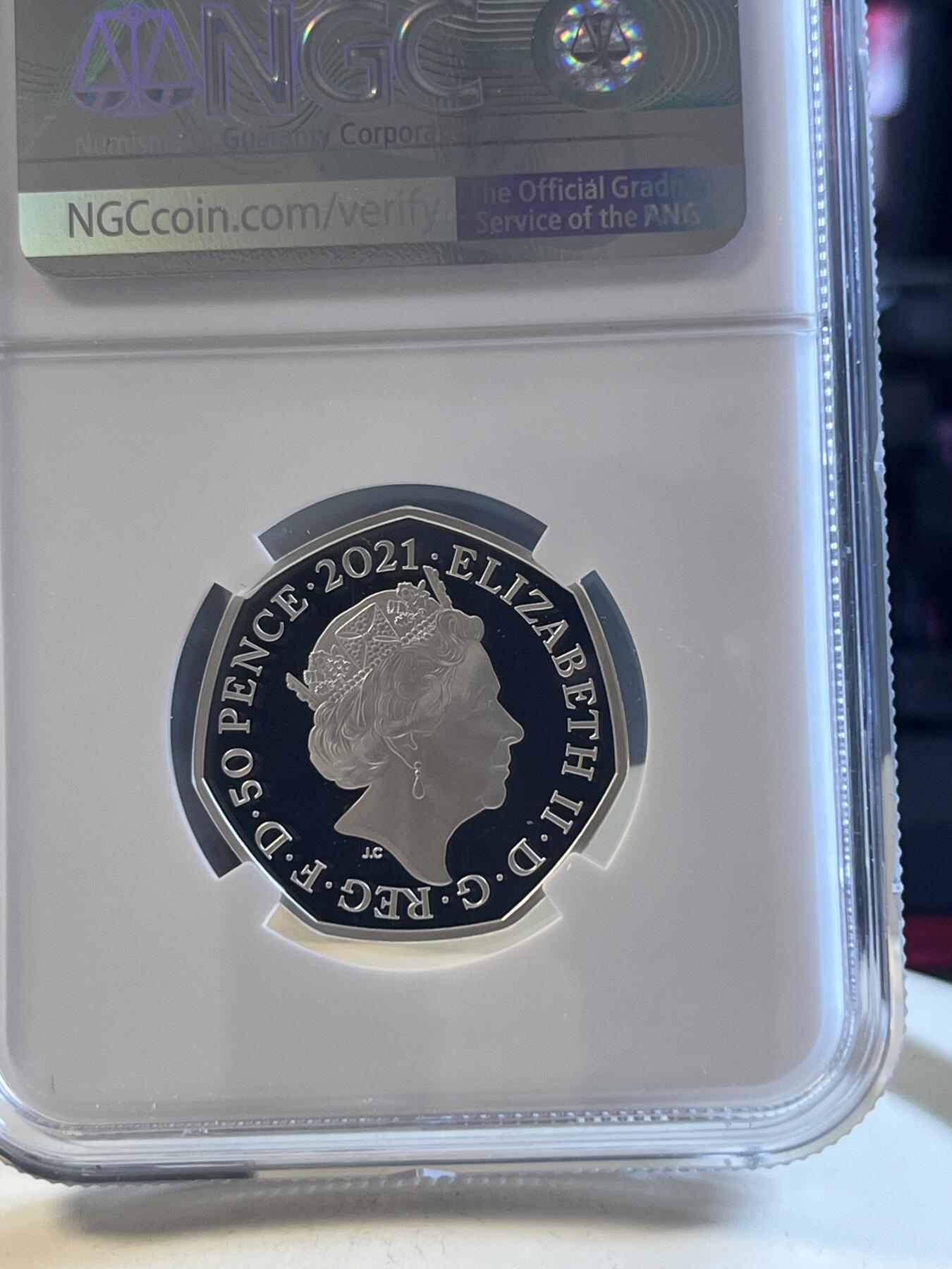 第173期拍卖【长期征集拍品】 英国2021年发行雪人50便士彩色纪念银币NGC-PF70首原盒证书，925银，8克，发行7000枚
