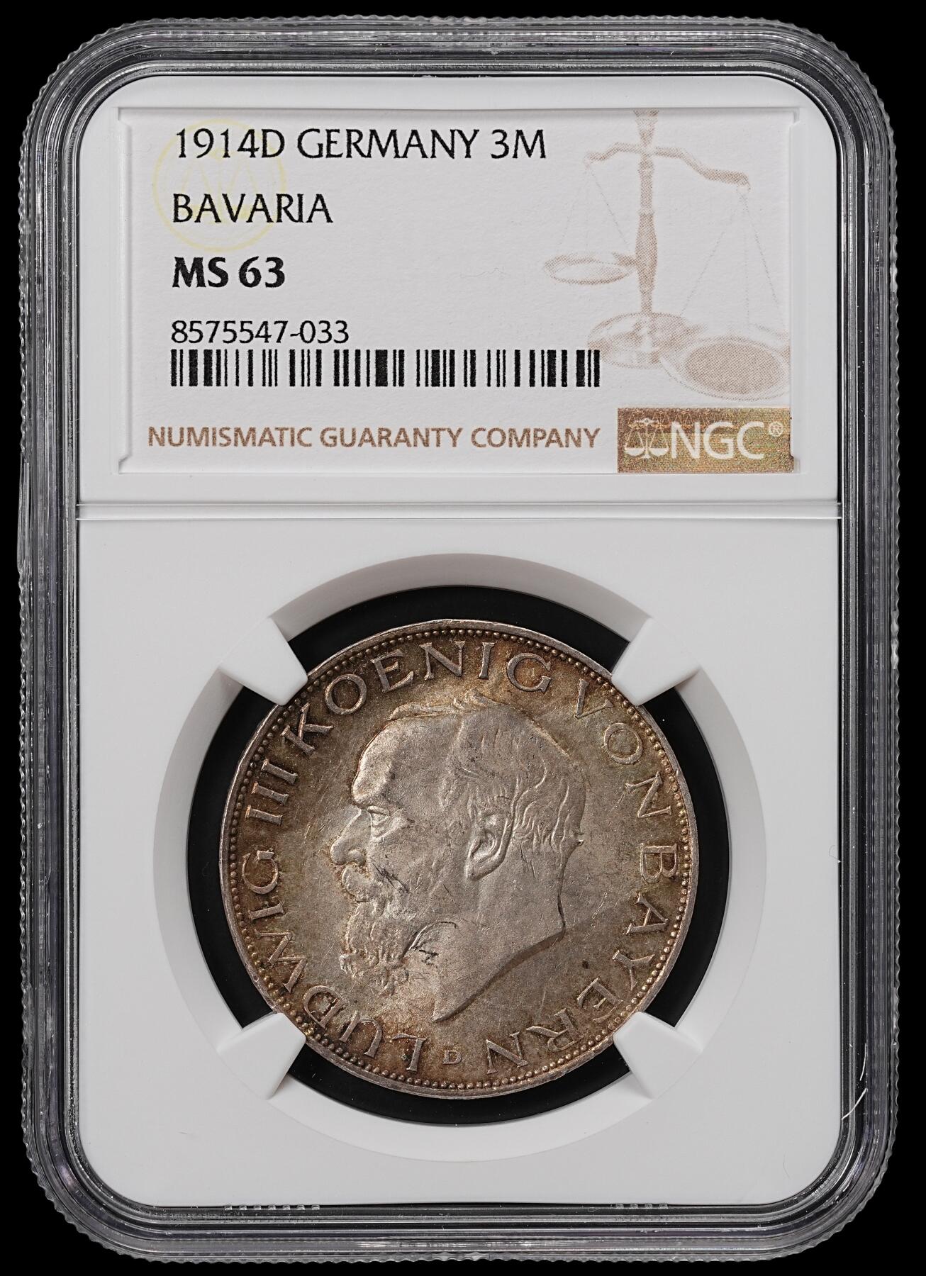 修遠堂世界钱币第八十三期 NGC MS63 1914年巴伐利亚3马克银币 流通马克MS较少见
