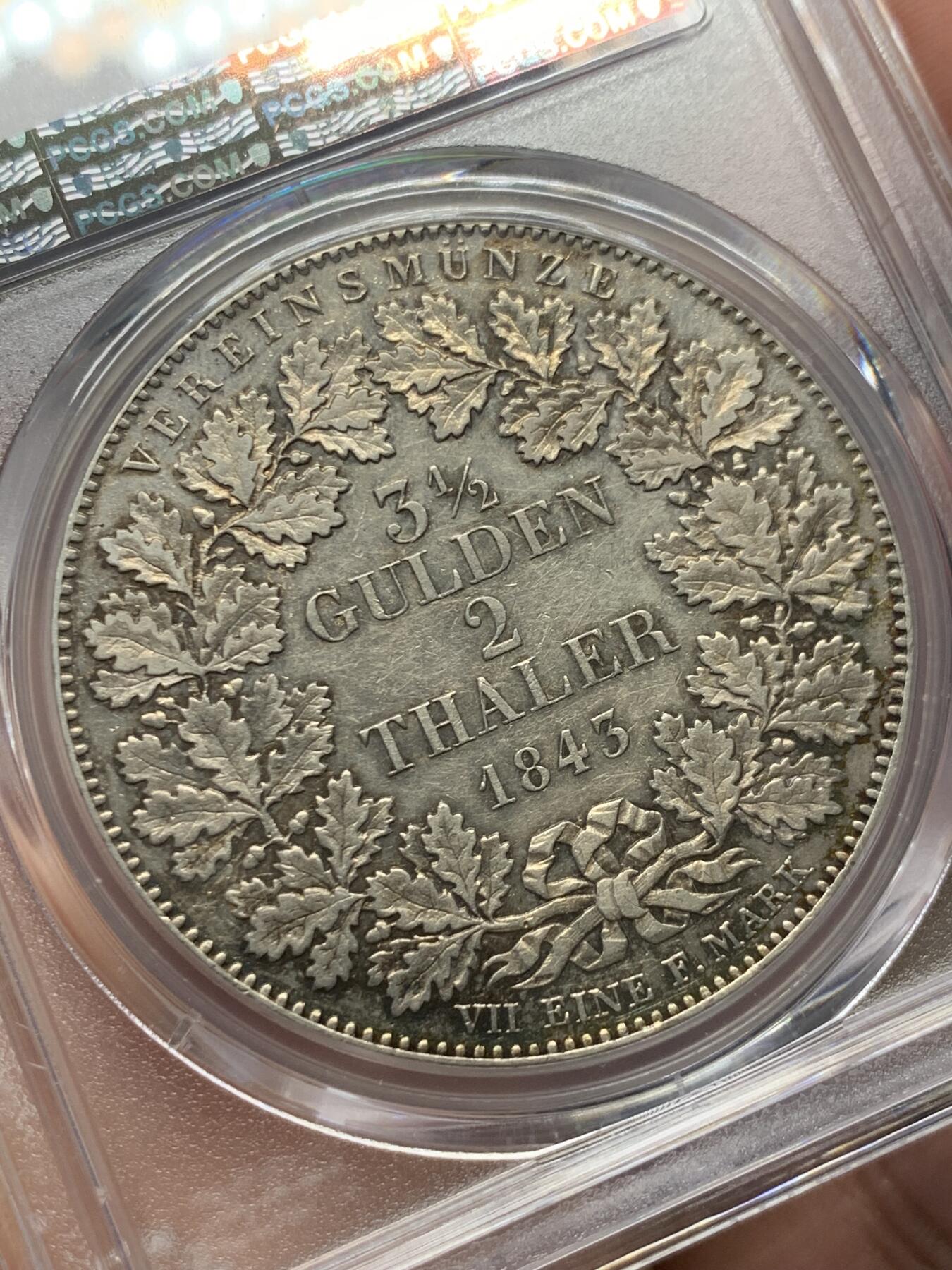 《竞宝斋》第416场 周日，周一，2场连拍 （全场包邮） PCGS AU53 德国 1843 法兰克福 景观 2泰勒 大银币 整体极佳 热门景观泰勒品种