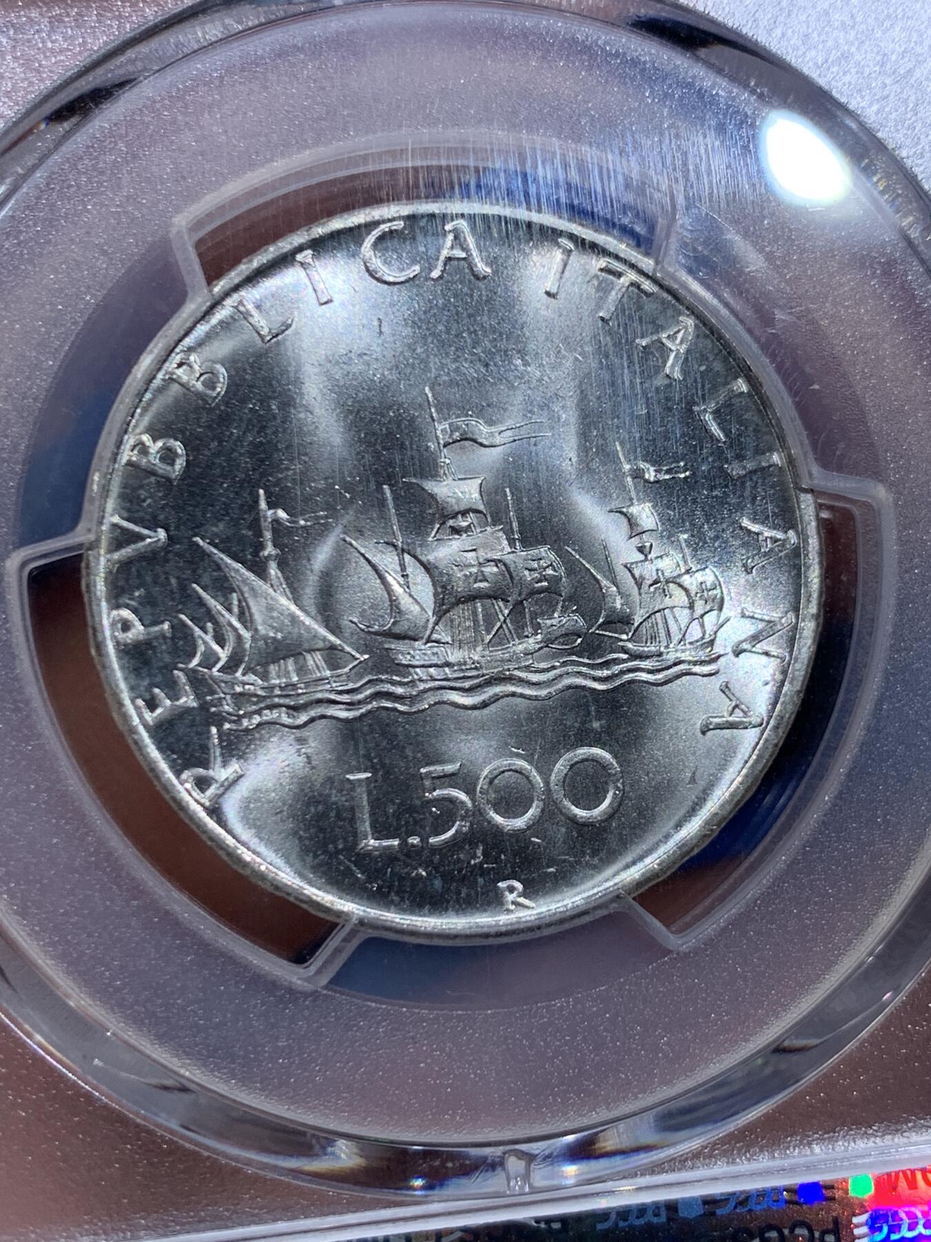 《竞宝斋》第416场 周日，周一，2场连拍 （全场包邮） PCGS MS66 意大利 1967年 帆船少女 500里拉 银币