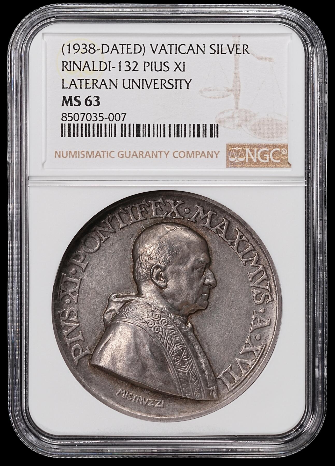 修遠堂世界钱币第八十三期 NGC MS63 1938年梵蒂冈-拉特朗大学纪念高浮雕大银章