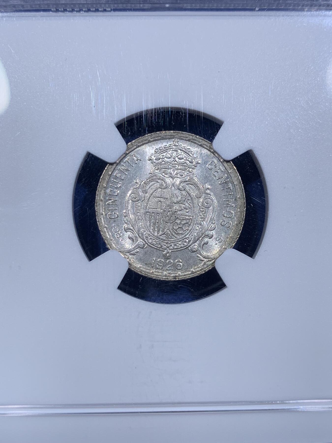 《竞宝斋》第416场 周日，周一，2场连拍 （全场包邮） NGC MS64 西班牙1926年阿方索十三世50分银币