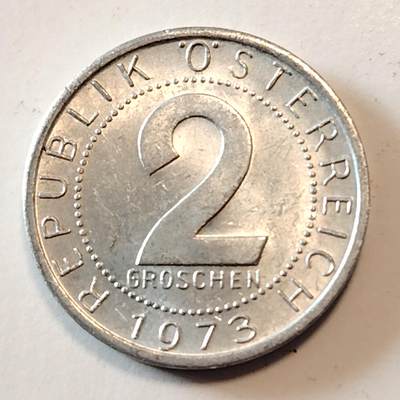 布加迪🐬～世界钱币(上海)🌾第 241 期 /  各国套币和散币 - 奥地利🇦🇹 1973年 2格罗申铝币