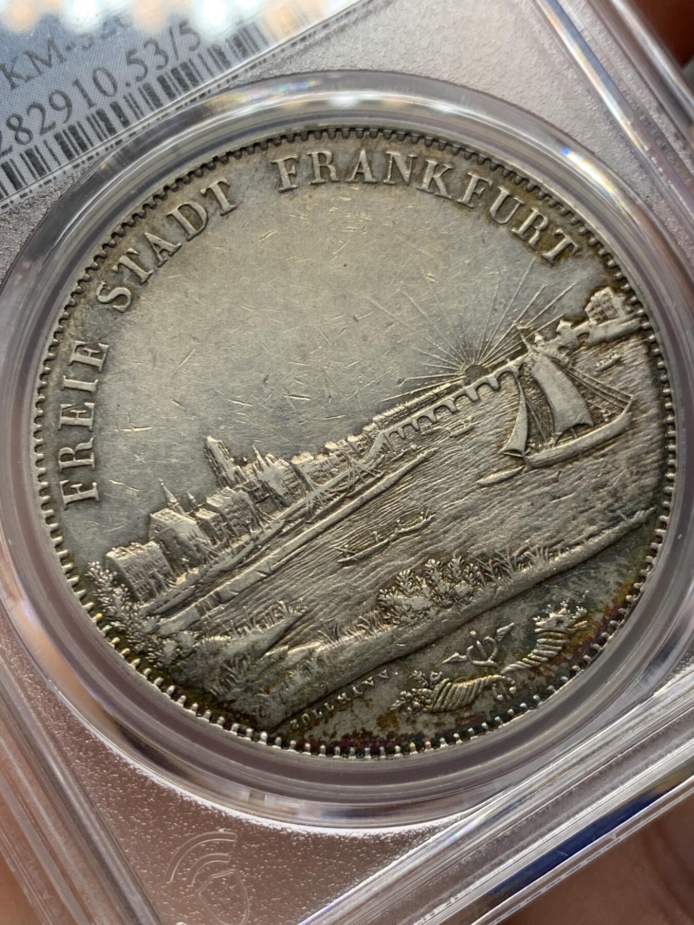 《竞宝斋》第416场 周日，周一，2场连拍 （全场包邮） PCGS AU53 德国 1843 法兰克福 景观 2泰勒 大银币 整体极佳 热门景观泰勒品种