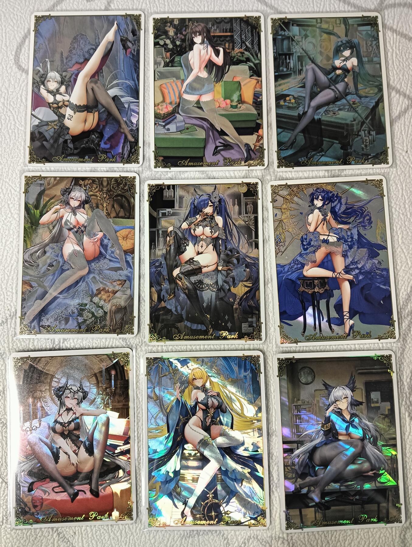 花开卡拍第37期（9月7号周日截拍，品控勿拍!!!拍品不寄存，运费5元，自制卡难免瑕疵，可能存在轻微撞角爆边等出厂瑕疵，品控介意勿拍！） 驴打滚卡牌 场景切换系列一套9张 斜纹彩闪 黑丝大长腿