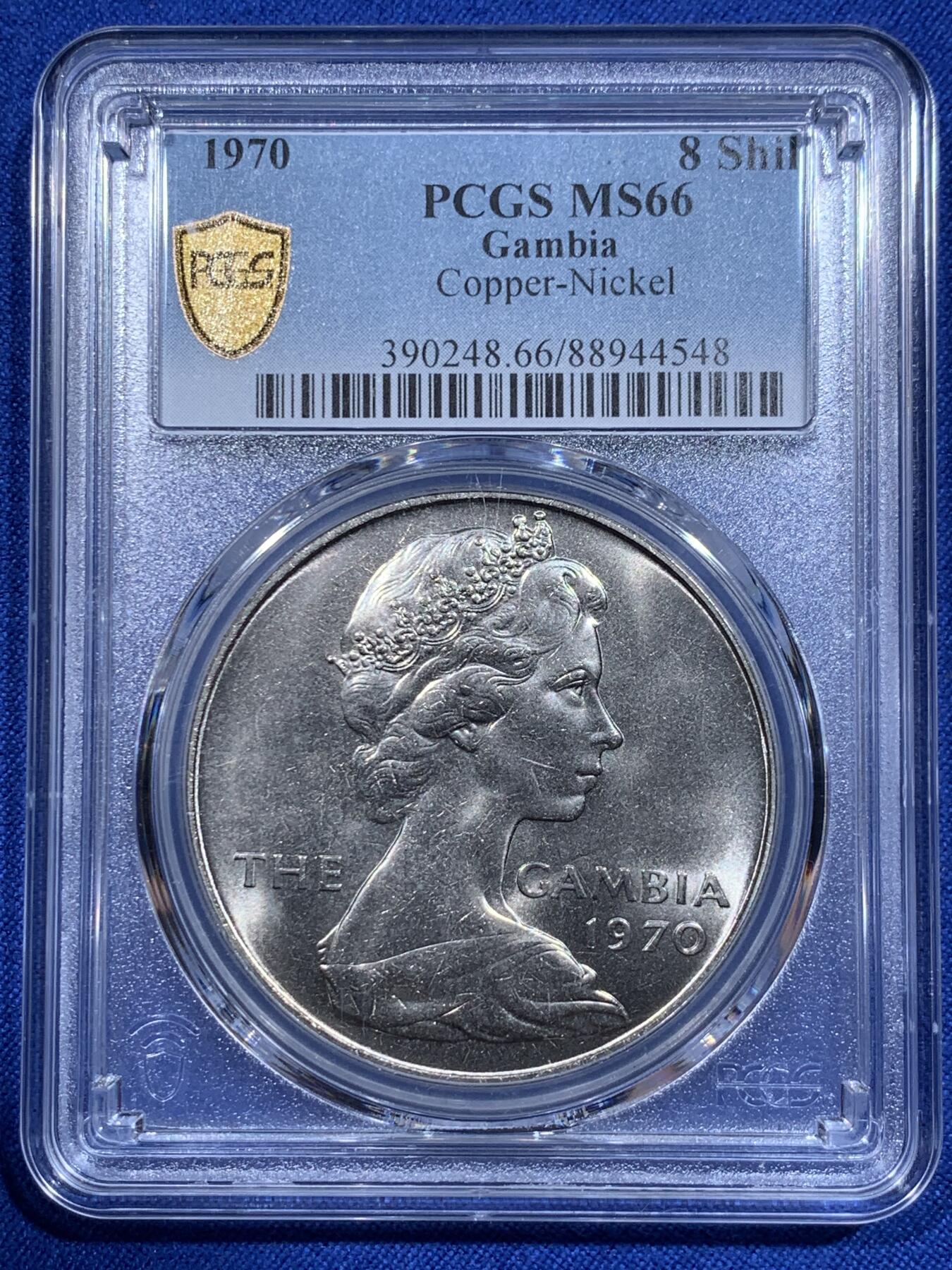 《竞宝斋》第416场 周日，周一，2场连拍 （全场包邮） PCGS MS66 冈比亚1970年8先令大河马币，普制版大镍币，高分难得