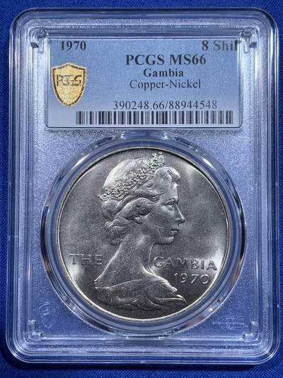 《竞宝斋》第416场 周日，周一，2场连拍 （全场包邮） - PCGS MS66 冈比亚1970年8先令大河马币，普制版大镍币，高分难得