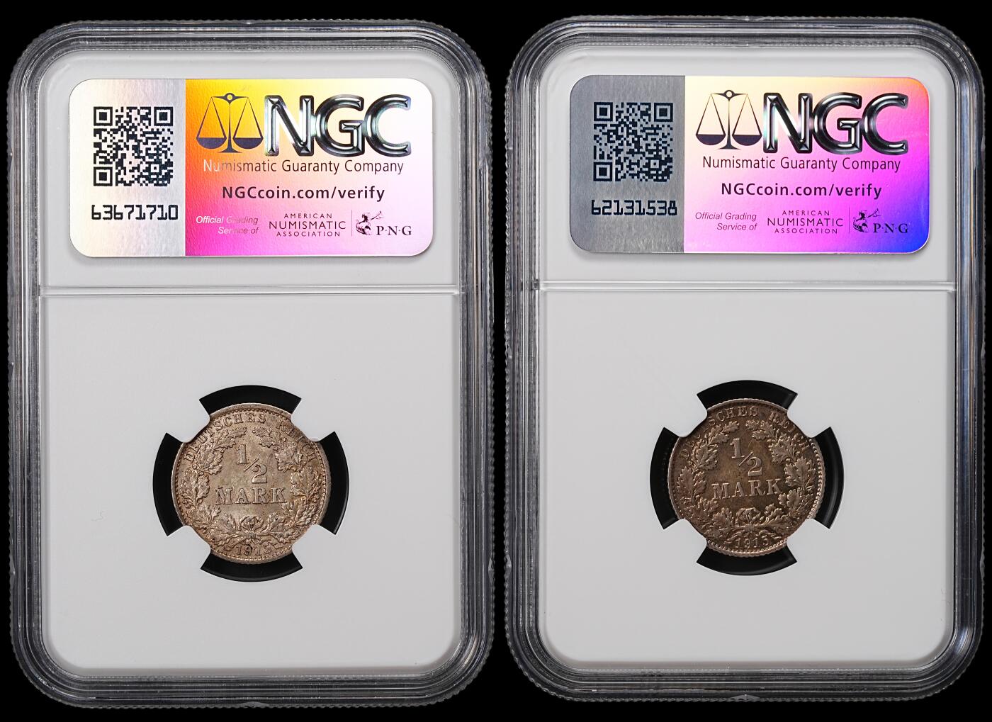 修遠堂世界钱币第八十三期 NGC评级 1915年德国1/2马克银币两枚 E厂铭，G厂铭 五彩包浆