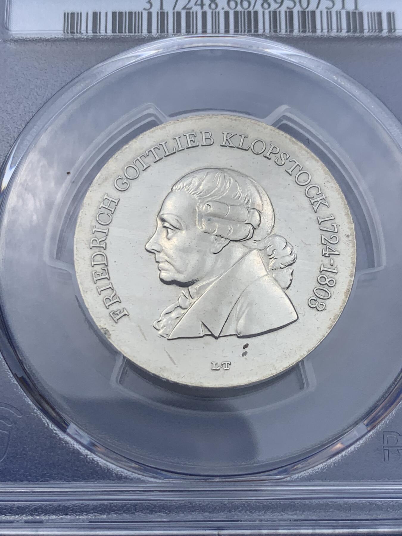 《竞宝斋》第416场 周日，周一，2场连拍 （全场包邮） PCGS MS66 东德1978年克洛普施托克逝世125周年5马克纪念币