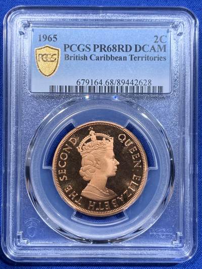 《竞宝斋》第416场 周日，周一，2场连拍 （全场包邮） - PCGS PR68RD DCAM 东加勒比1965年2分铜币