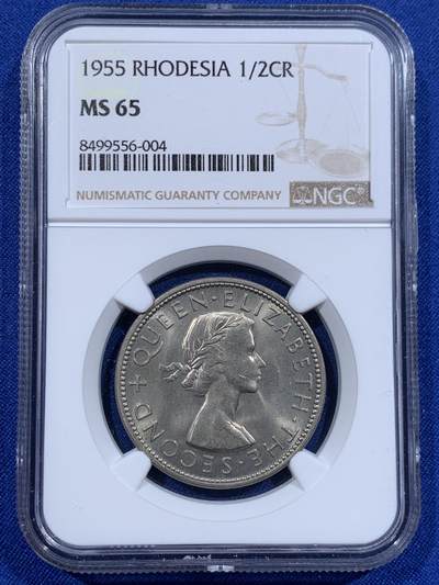 《竞宝斋》第416场 周日，周一，2场连拍 （全场包邮） - NGC MS65 罗德西亚1955年1/2克朗，少见品种，高分可藏