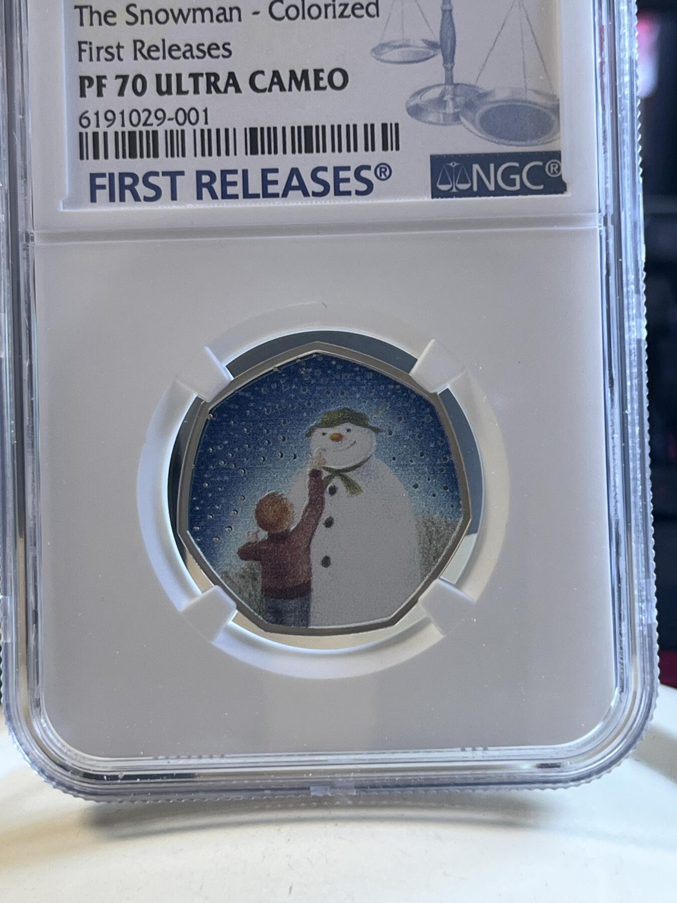 第173期拍卖【长期征集拍品】 英国2021年发行雪人50便士彩色纪念银币NGC-PF70首原盒证书，925银，8克，发行7000枚