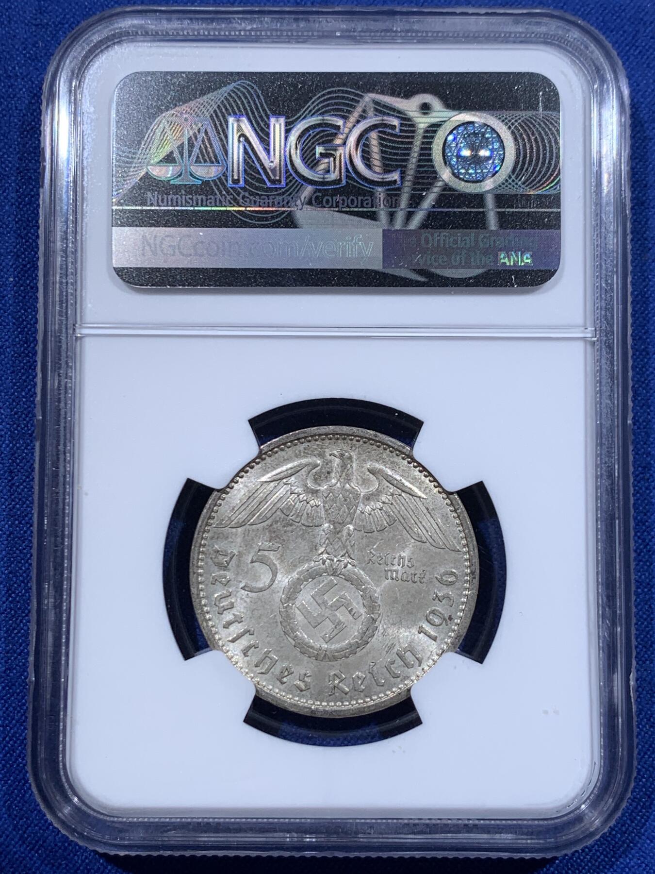 《竞宝斋》第416场 周日，周一，2场连拍 （全场包邮） NGC MS61 德国1936年A版兴登堡5马克银币 年份不错 MS不多见了