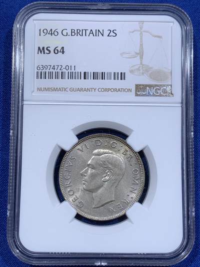 《竞宝斋》第416场 周日，周一，2场连拍 （全场包邮） - NGC MS64 英国1946年乔六1弗洛林银币，1福林=两先令。淡彩转光，标准BU状态。流通版上64分难度颇大，英系玩家流通套必备