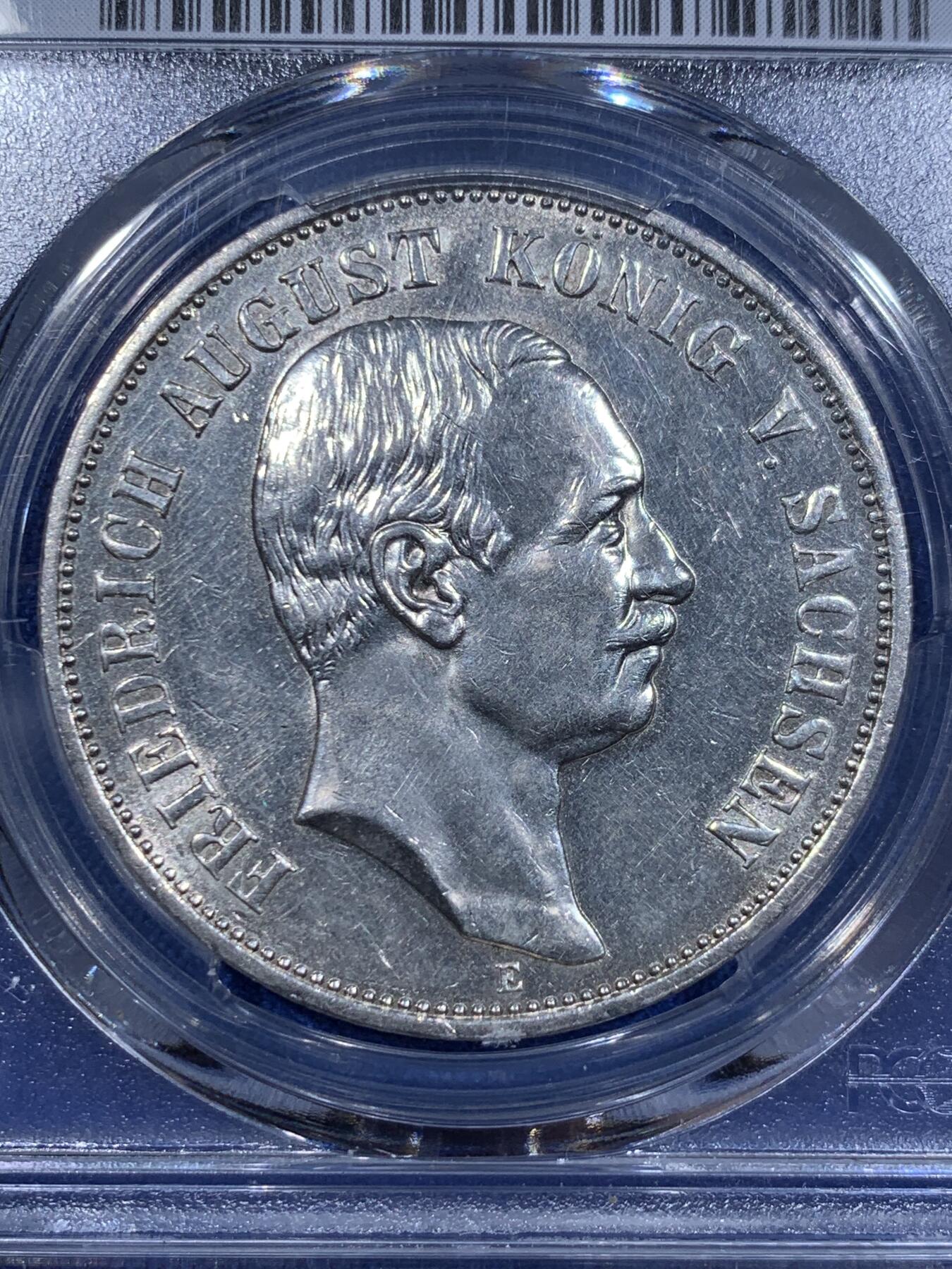 《竞宝斋》第416场 周日，周一，2场连拍 （全场包邮） PCGS AU58 德国 1914年 萨克森王国 奥古斯特三世 流通5马克银币 白净不错