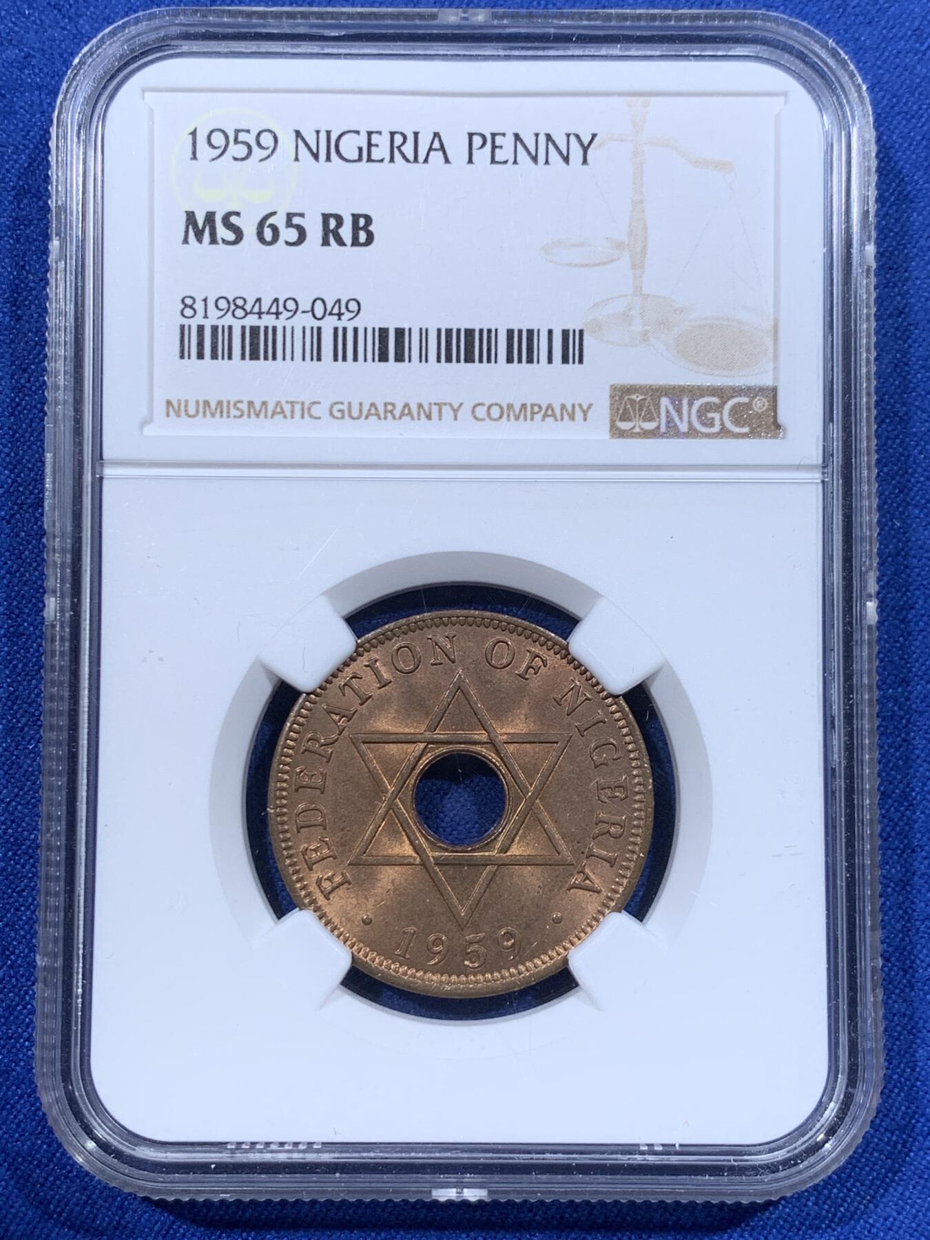 《竞宝斋》第416场 周日，周一，2场连拍 （全场包邮） NGC MS65RB 尼日利亚1959年1便士铜币，尼日利亚首年份币
