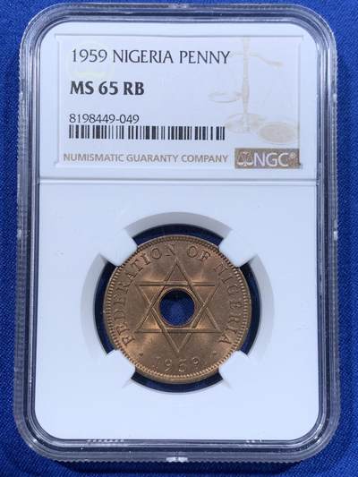《竞宝斋》第416场 周日，周一，2场连拍 （全场包邮） - NGC MS65RB 尼日利亚1959年1便士铜币，尼日利亚首年份币