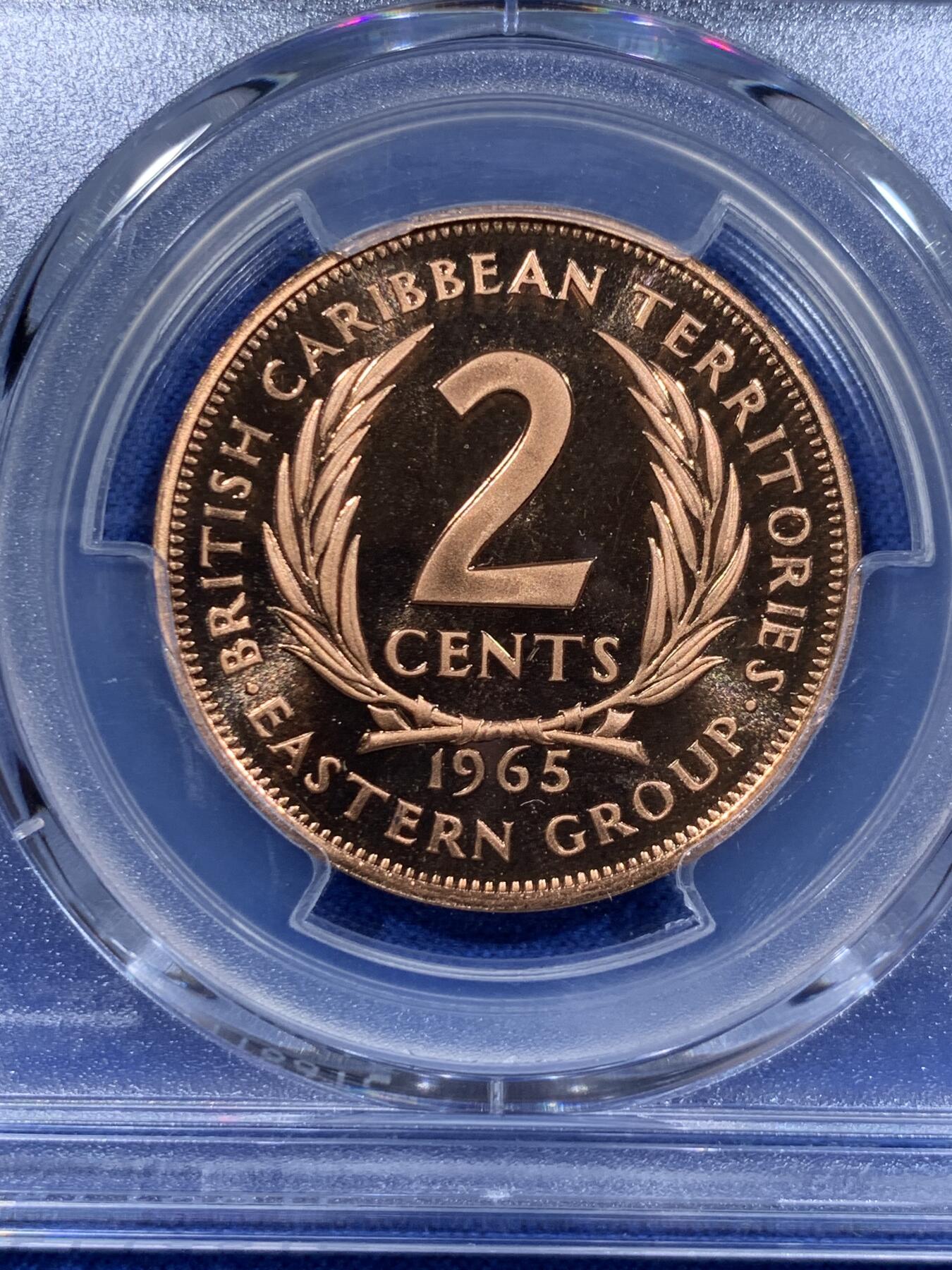 《竞宝斋》第416场 周日，周一，2场连拍 （全场包邮） PCGS PR68RD DCAM 东加勒比1965年2分铜币