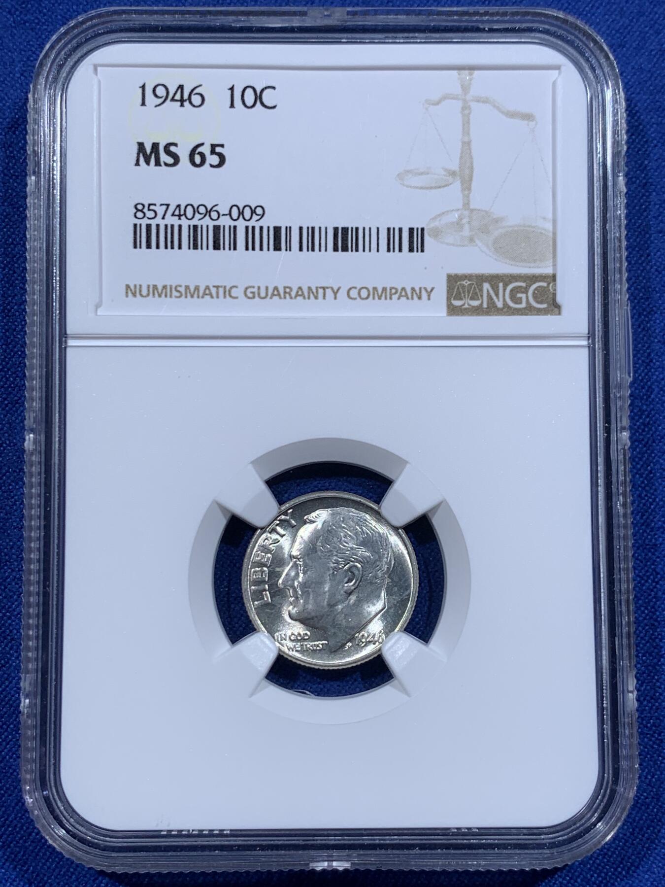 《竞宝斋》第416场 周日，周一，2场连拍 （全场包邮） NGC MS65 美国1946年10美分银币，罗斯福10美分首年份